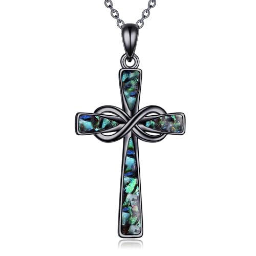 Infinity Cross Necklace S925 Sterling Silver Turquoise/Wooden/Opal/Abalone Cross Pendant Necklaces Christian Jewelry Gifts For Women - style: Black Abalone