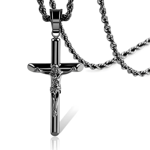 ALEXCRAFT Sterling Silver Plated Cross Necklace for Men Gold Plated Cross Necklaces for Women Trendy Stainless Steel Crucifix Pendant with 3mm 21inch Rope Chain - color: Black-21in