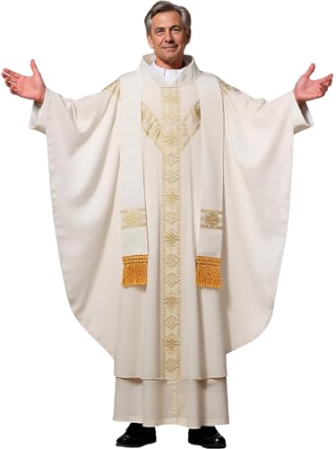 FAD-4U Church Catholic Priest Chasubles Vestments for Church Mass Vestments Robe with Stole - color: White