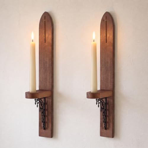 Gothic Wall Sconces, Wooden Wall Candle Holders, Brown, Set of 2