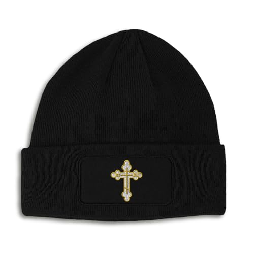 Custom Patch Beanie Gold Outline Orthodox Cross Faith Jesus God Skull Cap Hats for Men & Women One Size - color: Black Design Only