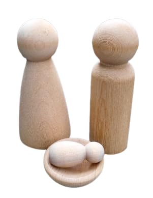 My First Nativity, Four Piece Natural Nativity Wood Dolls, Includes Four Blank Wood Pieces, Mary, Joseph, Baby Jesus and Manger, Christmas Craft, Blank Pegs