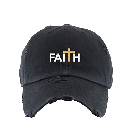 Faith with Cross Vintage Baseball Cap Embroidered Cotton Adjustable Distressed Dad Hat - color: Brush Black