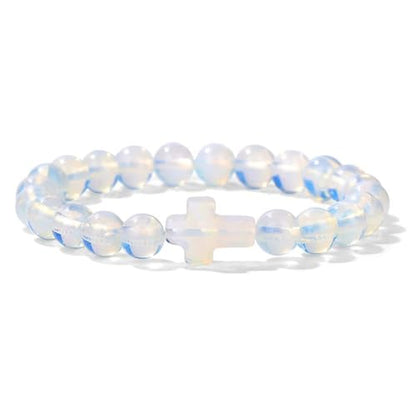 8mm Gemstone Cross Bracelet for Women Men – Stretch Beaded Faith Bracelet with Sideways Cross (Multiple Colors) - style: Opalite