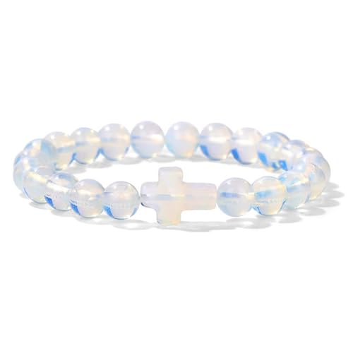 8mm Gemstone Cross Bracelet for Women Men – Stretch Beaded Faith Bracelet with Sideways Cross (Multiple Colors) - style: Opalite