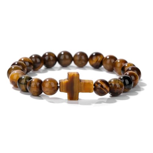 8mm Gemstone Cross Bracelet for Women Men – Stretch Beaded Faith Bracelet with Sideways Cross (Multiple Colors) - style: Brown Tiger's Eye