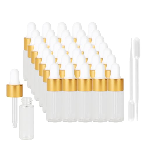 36 Piece Mini Glass Dropper Bottles Set, 5ml Mini Stratum Corneum Essential Oil Dropper Empty Bottles, Suitable for Essential Oil Perfume Cosmetic Liquid Travel Sample Containers (Transparent) - color: Clear, size: 5ML