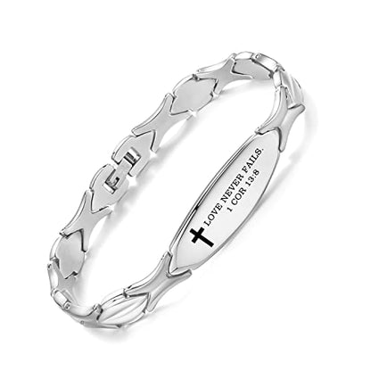 LinnaLove Bible Verse Bracelet - 316L Stainless Steel Silver Religious Gift for Her - style: Love Never Fails - 1 Cor 13:8
