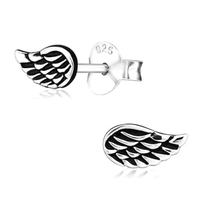 ICYROSE 925 Sterling Silver Tiny Angel Wing Stud Earrings (Nickel Free) - color: Antique Finish