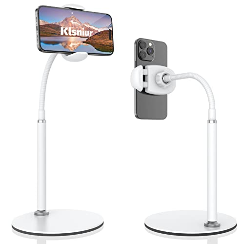 Cell Phone Stand, Adjustable Height & Angle Gooseneck Phone Stand for Desk Flexible Arm Universal Phone Holder, Aluminum Alloy Desktop Phone Stand for Recording Compatible with 3.5"-7" Device (White) - color: White