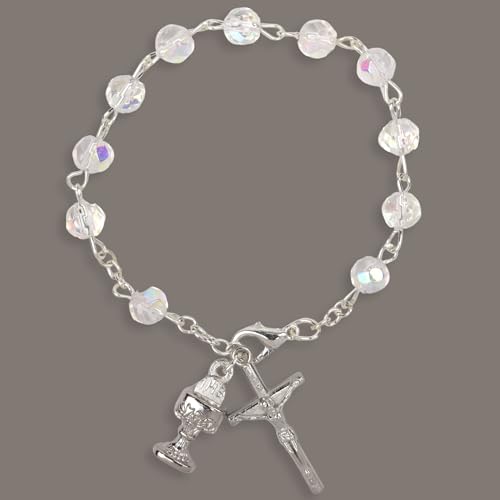 Needzo My First Holy Communion Gift Set for Girls, Glass Bead Rosary Bracelet with Gray Burlap Pouch, Religious Keepsakes for Daughters, 3 x 4 Inch Bag