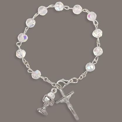Needzo My First Holy Communion Gift Set for Girls, Glass Bead Rosary Bracelet with Gray Burlap Pouch, Religious Keepsakes for Daughters, 3 x 4 Inch Bag