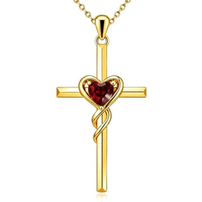 Birthstone Cross Necklace for Women 14K Gold Plated Heart Infinity Cross Pendant Necklace Christian Religious Jewelry Anniversary Birthday Gifts for Wife Mom Her - color: Jan/Garnet