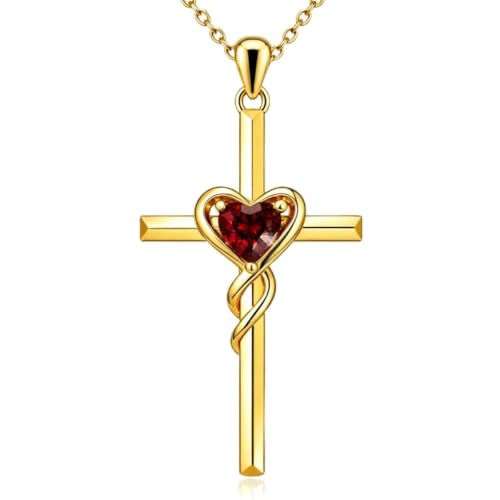 Birthstone Cross Necklace for Women 14K Gold Plated Heart Infinity Cross Pendant Necklace Christian Religious Jewelry Anniversary Birthday Gifts for Wife Mom Her - color: Jan/Garnet