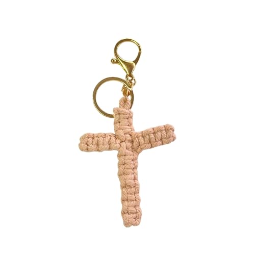 Pingyongchang Handmade Weave Cross Keychain Boho Macrame Jesus Christian Charm Keychain for Women Men - color: Light Pink