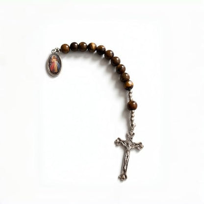 Catholic Pocket Rosary Decade – Natural Tiger Eye Stone Prayer Beads with Divine Mercy Medal & Metal Crucifix, Christian Pocket Rosary for Daily Prayer, Travel & Gifts
