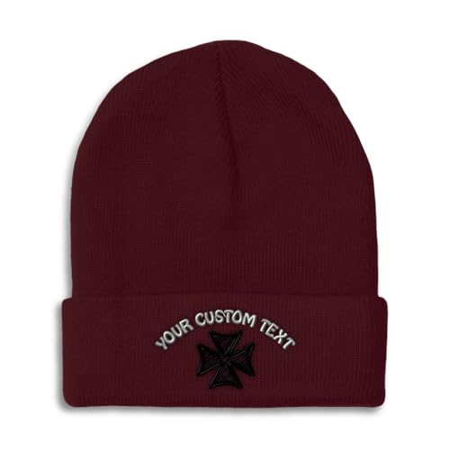 Custom Beanies for Men Iron Cross God Jesus Christ Christian Skull Cap Winter Hats for Women One Size - color: Burgundy Personalized Text Here