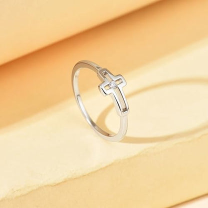 925 Sterling Silver Hollow-out Cross Purity Ring for Women - color: Silver-B