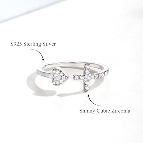 Adjustable Cross Rings for Women - 925 Sterling Silver Christian Rings for Daughter, Dainty Heart Rings, Non-Tarnish Faith Rings for Women & Daughter - Meaningful Easter, Christmas, or Birthday Gift