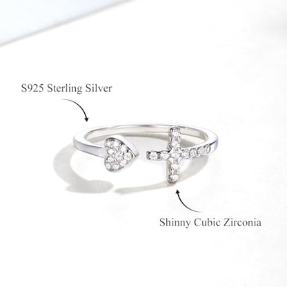 Adjustable Cross Rings for Women - 925 Sterling Silver Christian Rings for Daughter, Dainty Heart Rings, Non-Tarnish Faith Rings for Women & Daughter - Meaningful Easter, Christmas, or Birthday Gift