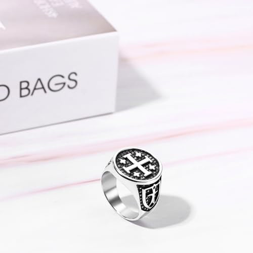 Vintage Crusader Jerusalem Cross Ring: Mens Stainless Steel Christians Statement Jewelry Gifts for Easter Christmas Birthday