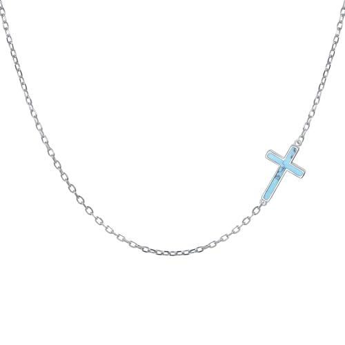 DAOCHONG S925 Sterling Silver Sideways Cross Choker Necklace 14+4 Inch - color: Silver-Created Turquoise