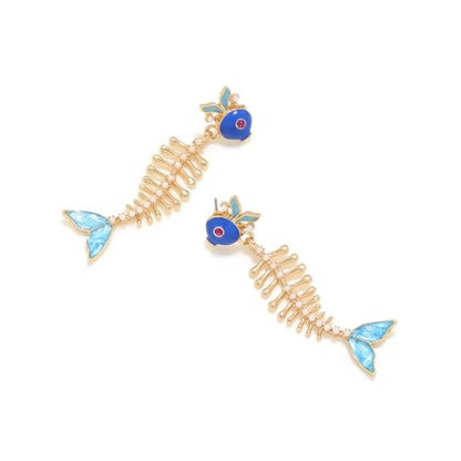 Fish Bone Earrings Drip Oil Animal Earrings Colorful Crystal Sparkly Enamel Earrings Creative Long Fishbone Earstud Dangle Fish Drop Earrings Jewelry for Women - color: Bule-1