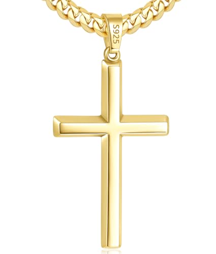 Jewlpire 925 Sterling Silver Cross Necklace for Men, 18k Gold Plated Sterling Silver Cross Necklace with 4mm Stainless Steel Cuban Link Chain for Men, Mens Necklace 16 18 20 22 24 26 Inch - color: Gold Cross Pendant