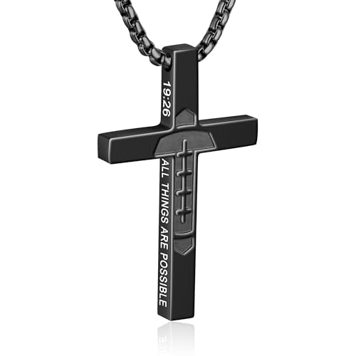 Football Cross Necklace for Boys Men - color: Black, style: 19:26 All things are possible