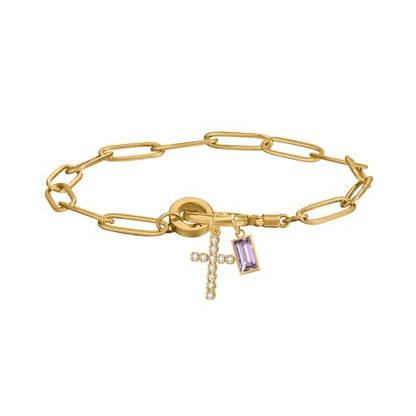 Paperclip Birthstone Cross Charm Bracelet – 18K Gold Plated Link Chain with Cross Charm & Personalized Birthstone, Adjustable Faith Jewelry Gift for Women, Baptism Confirmation Birthday - color: Jun - Alexandrite