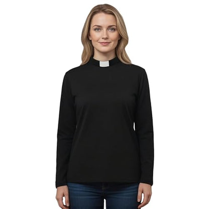 Women's Clergy Long Sleeves Short Tab Collar Clergy Priest Costume T-Short Priest Blouse Top - size: Medium