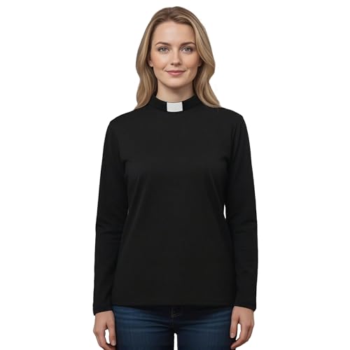 Women's Clergy Long Sleeves Short Tab Collar Clergy Priest Costume T-Short Priest Blouse Top - size: Small