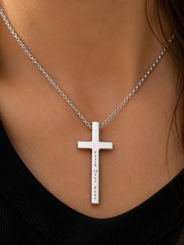 Engraved Cross Necklace for Men, Women & Boys & Girls Cross Necklace, Stainless Steel Cross Pendant Necklace, Faith & Inspiration Christian Jewelry Gift - color: Faith Over Fear