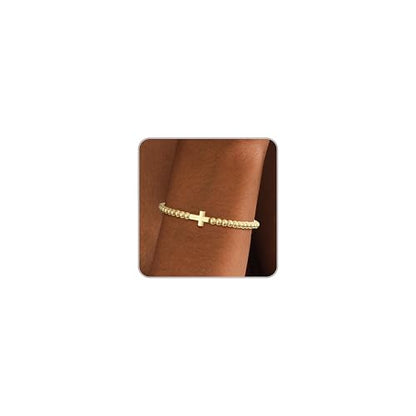 Beaded Bracelets for Women 14K Silver Gold Plated Stretch Handmade Ball Bracelets Cute Charm Bracelet Dainty Stackable Cross Heart Bow Wave CZ Circle Trendy Jewelry Easter Gifts - color: Gold-3