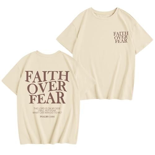 Girls Faith Over Fear Christian Shirts for Kids Jesus God Bible Verse Religious Tshirt Cute Preppy Graphic Tees Tops - color: Apricot, size: 9-10 Years