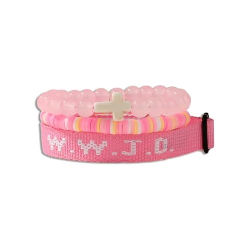 WWJD Bracelets Set WWJD Wristbands Christian Cross Bracelet Stackable Clay Bead Bracelets Stretch Glass Beaded Inspirational Christian Jewelry Gift for Couples Women Men - color: 3PCS Pink