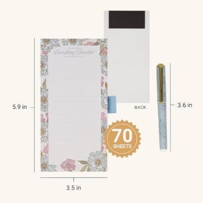 Christian Art Gifts Magnetic Notepad & Pen Set, Everything Beautiful - color: Blue Floral/Everything Beautiful