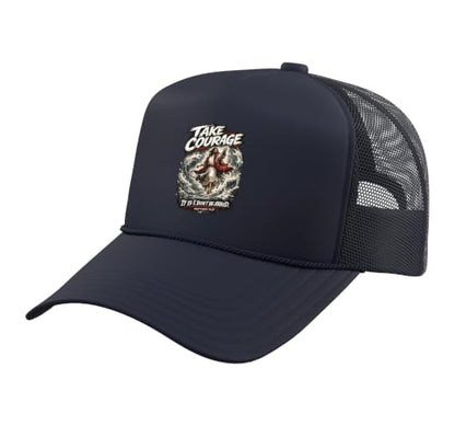 Take Courage It is I. Don't Be Afraid Bible Verse Art Trucker Hat with Adjustable Mesh Back - color: Navy Blue