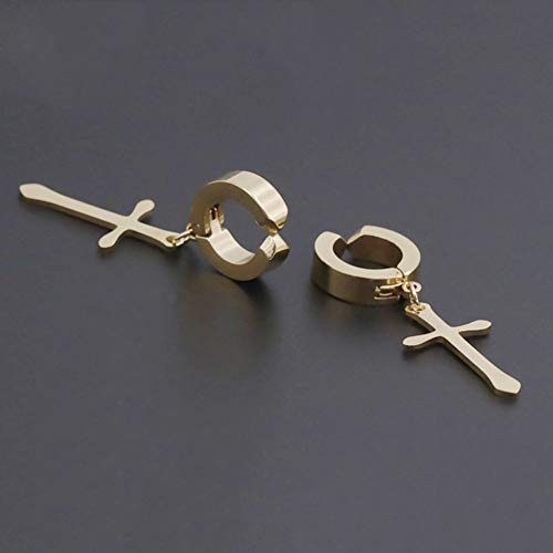 Non-pierced Earrings Set for Men Women Cross Titanium Steel Hoop Dangle Clip On Earring - style: Gold