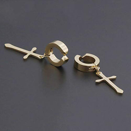 Non-pierced Earrings Set for Men Women Cross Titanium Steel Hoop Dangle Clip On Earring - style: Gold