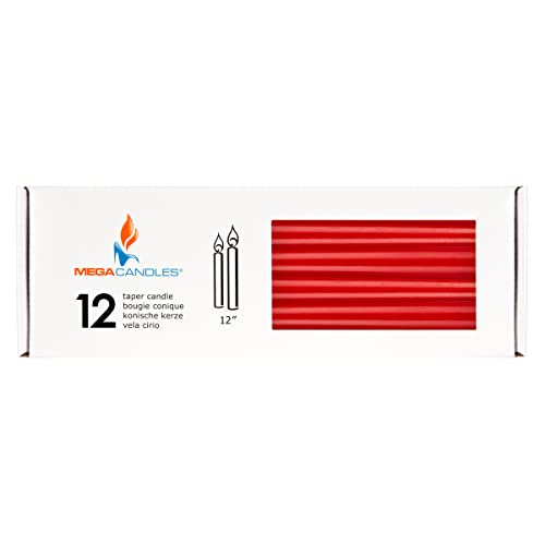 Mega Candles 12 pcs Unscented Red Taper Candles, Hand Poured Wax Candle 12 Inch x 7/8 Inch, Home Décor, Wedding Receptions, Centerpieces, Occasions, Events, Romantic Dinners, Prayer, Holders - color: Red
