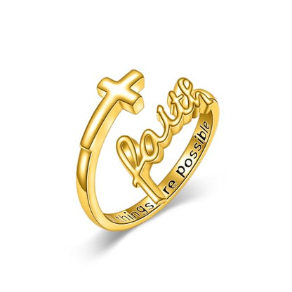 Cross Rings Faith Ring 925 Sterling Silver Adjustable Cross Wrap Ring Christian Fashion Band for Women - color: A-Yellow Gold