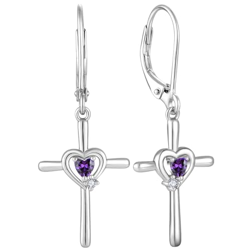 Cross Earrings 925 Sterling Silver Opal Crucifix Dangle Drop Earring Heart Birthstone Religious Jewelry for Women - color: 02-amethyst-Feb