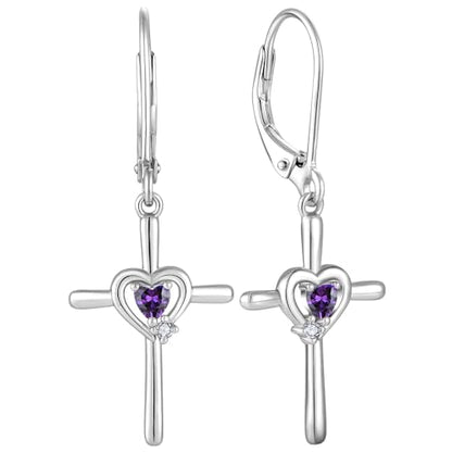 Cross Earrings 925 Sterling Silver Opal Crucifix Dangle Drop Earring Heart Birthstone Religious Jewelry for Women - color: 02-amethyst-Feb