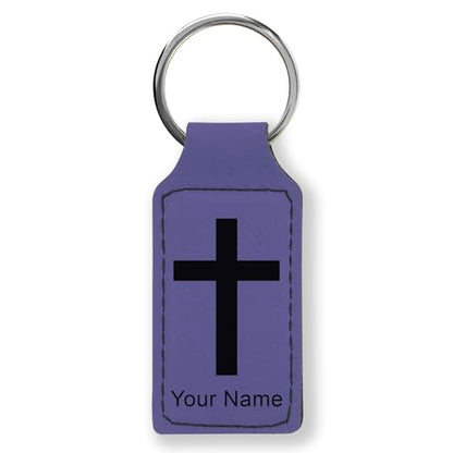 LaserGram Rectangle Keychain, Christian Cross, Personalized Engraving Included - color: Dark Purple