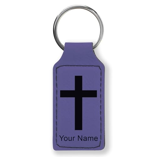 LaserGram Rectangle Keychain, Christian Cross, Personalized Engraving Included - color: Dark Purple