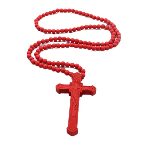 FORUBUS Wooden Cross Pendant Necklace - Wood Beads Cross Religion Necklace for Women Men Believer Prayer Baptism Jewelry - color: C red