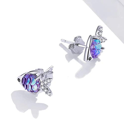 Qings Cute Animal Stud Earrings for Kids - Sterling Silver 925 Dragonfly Earrings Fish Studs for Teen Girls Women Dainty Cubic Zirconia Earrings Gifts