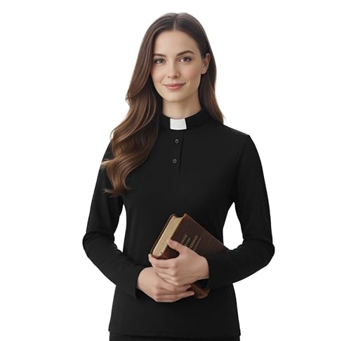 Womens Clergy Shirt Tab Collar Long Sleeves Polo Shirt Clergy Button Down Blouse - color: Black, size: X-Large