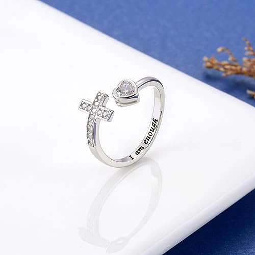 APOTIE 925 Sterling Silver Cross Ring - True Love Wait Purity Ring Cubic Zirconia Adjustable Ring Jewelry Gift for Women - style: I am enough